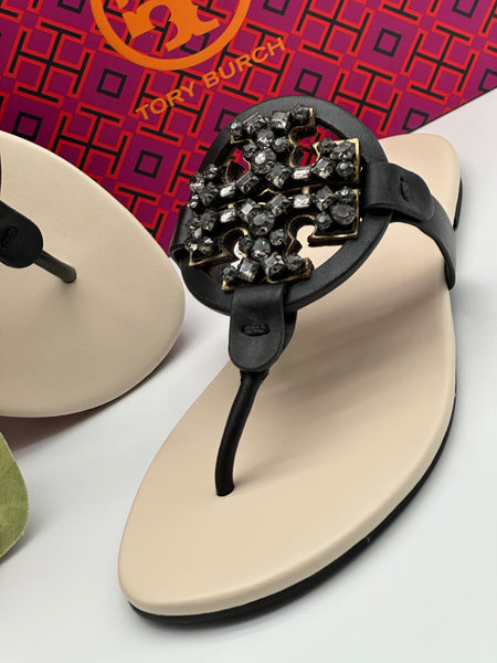 Authentic Tory Burch Women's Black Crystal Embellished Thong Sandal Shoes Size US 5