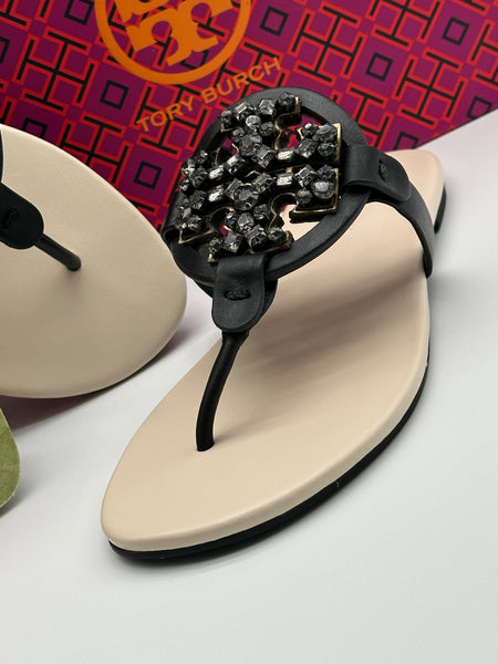 Authentic Tory Burch Women's Black Crystal Embellished Thong Sandal Shoes Size US 5