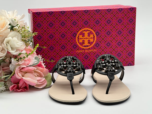 Authentic Tory Burch Women's Black Crystal Embellished Thong Sandal Shoes Size US 5