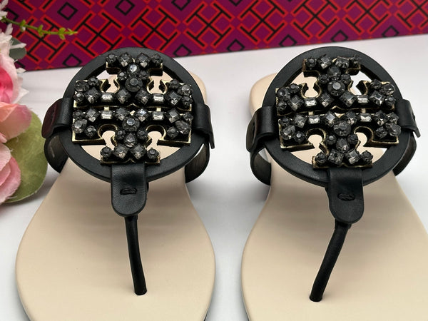 Authentic Tory Burch Women's Black Crystal Embellished Thong Sandal Shoes Size US 5