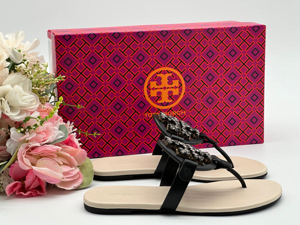 Authentic Tory Burch Women's Black Crystal Embellished Thong Sandal Shoes Size US 5