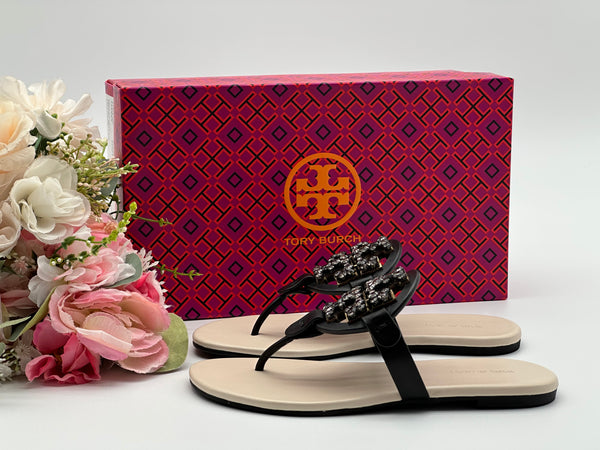 Authentic Tory Burch Women's Black Crystal Embellished Thong Sandal Shoes Size US 5