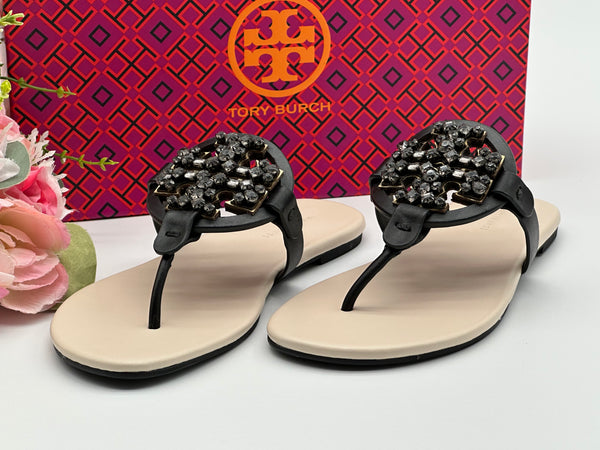 Authentic Tory Burch Women's Black Crystal Embellished Thong Sandal Shoes Size US 5