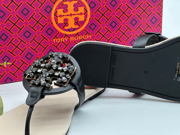 Authentic Tory Burch Women's Black Crystal Embellished Thong Sandal Shoes Size US 5