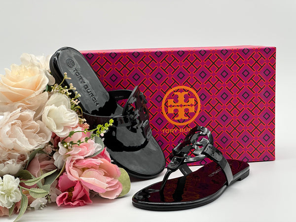 Authentic Tory Burch Black Miller Patent Sandal Size 6
