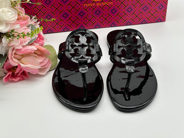 Authentic Tory Burch Black Miller Patent Sandal Size 6