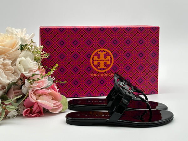 Authentic Tory Burch Black Miller Patent Sandal Size 6
