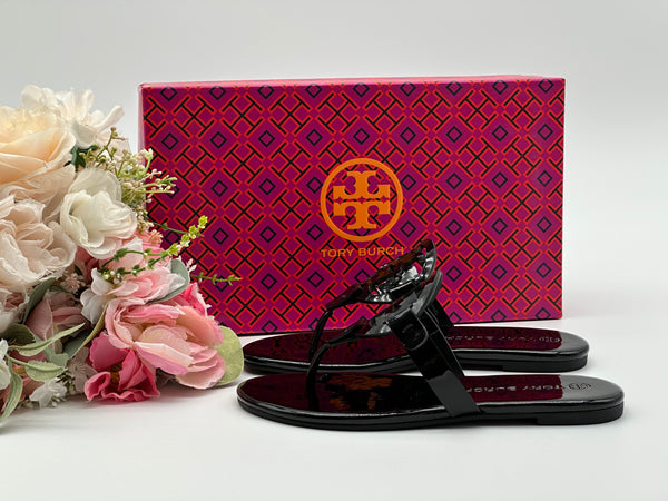 Authentic Tory Burch Black Miller Patent Sandal Size 6