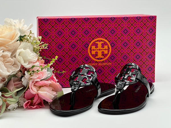 Authentic Tory Burch Black Miller Patent Sandal Size 6