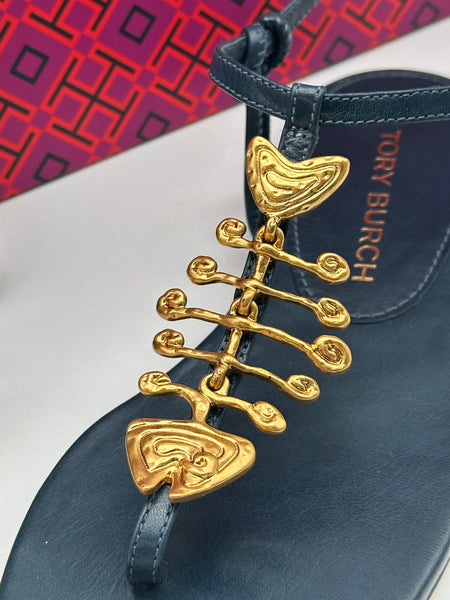 Authentic Tory Burch Vintage Navy Capri Fish Sandal Size 6.5