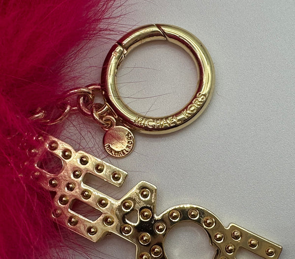 Michael Kors Large Fur Pom Pom LOVE Ultra Pink Gold Bag Purse Charm