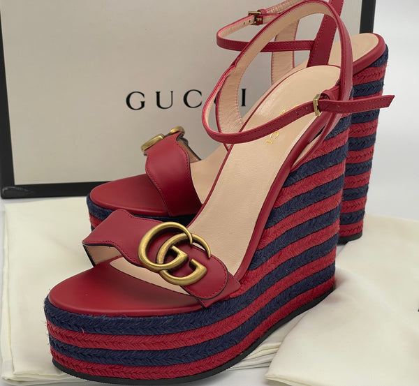 Authentic GUCCI Marmont Double G Leather Espadrille Platform Sandals