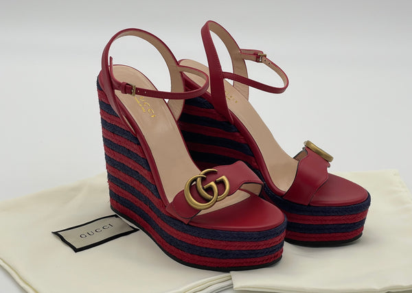 Authentic GUCCI Marmont Double G Leather Espadrille Platform Sandals