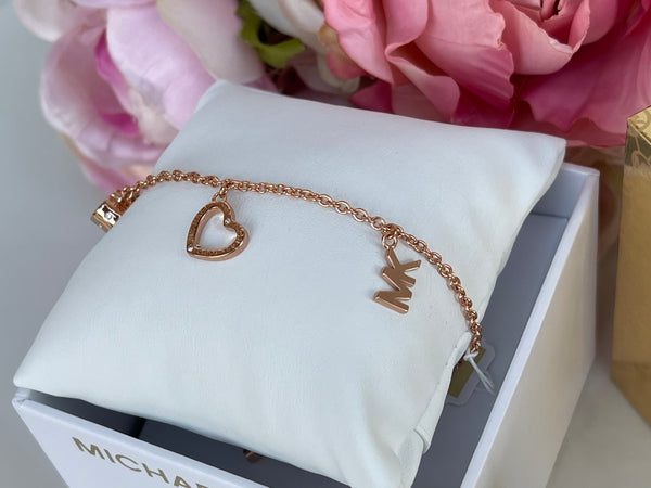 MICHAEL KORS 3 Charm MK Logo Rose Gold Slider Bracelet