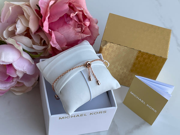MICHAEL KORS 3 Charm MK Logo Rose Gold Slider Bracelet