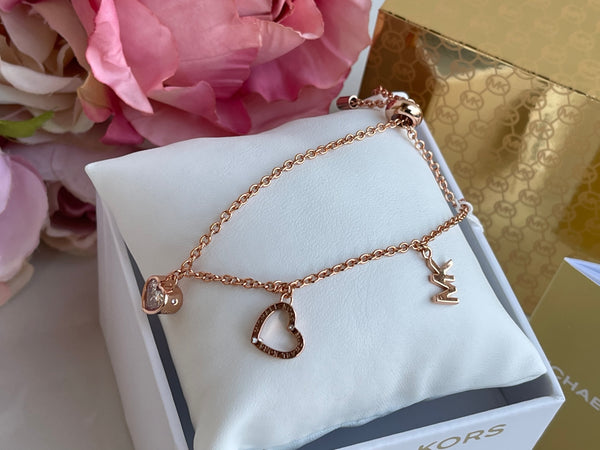 MICHAEL KORS 3 Charm MK Logo Rose Gold Slider Bracelet