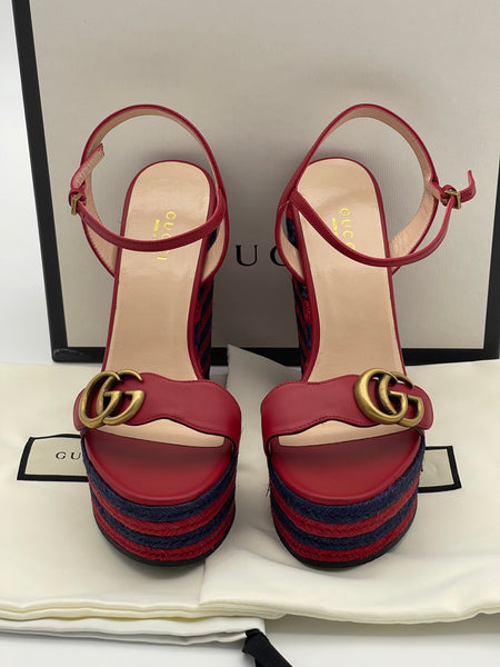 Authentic GUCCI Marmont Double G Leather Espadrille Platform Sandals
