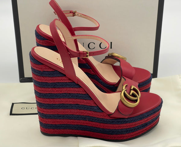 Authentic GUCCI Marmont Double G Leather Espadrille Platform Sandals