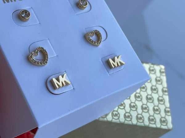 Michael Kors 3 PC Set Heart Pave Logo Crystal Stud Earrings