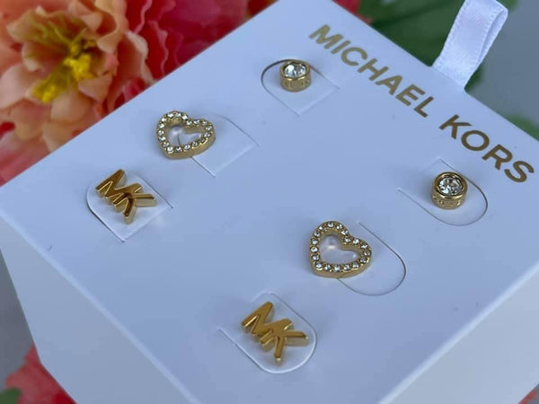 Michael Kors 3 PC Set Heart Pave Logo Crystal Stud Earrings