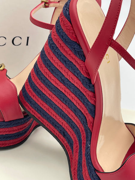 Authentic GUCCI Marmont Double G Leather Espadrille Platform Sandals