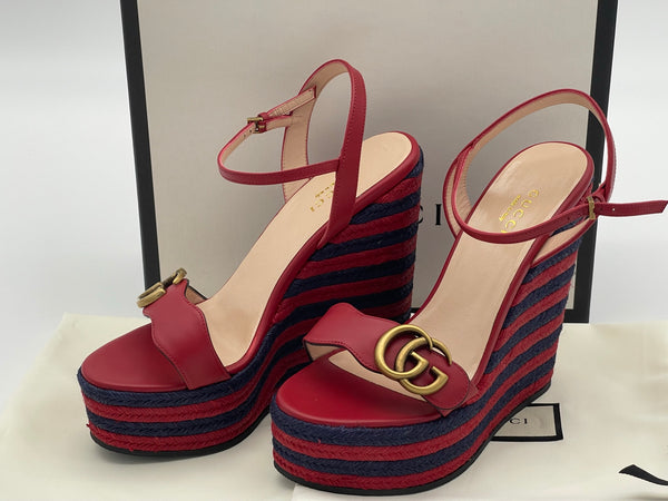 Authentic GUCCI Marmont Double G Leather Espadrille Platform Sandals