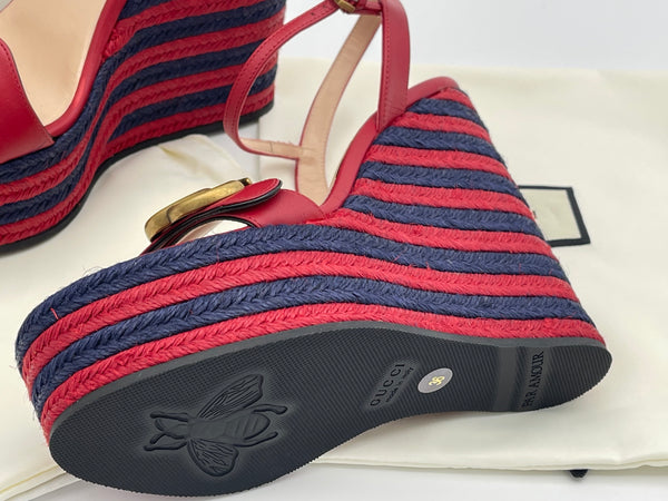 Authentic GUCCI Marmont Double G Leather Espadrille Platform Sandals
