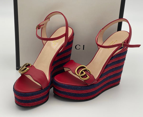 Authentic GUCCI Marmont Double G Leather Espadrille Platform Sandals
