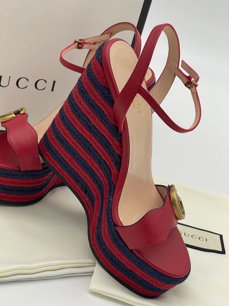 Authentic GUCCI Marmont Double G Leather Espadrille Platform Sandals