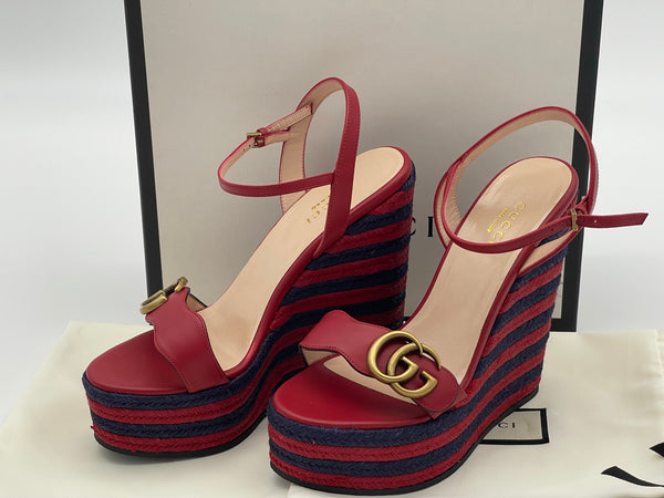 Authentic GUCCI Marmont Double G Leather Espadrille Platform Sandals