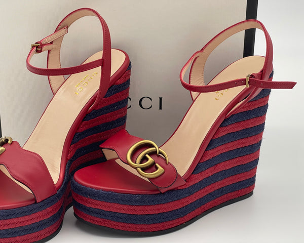 Authentic GUCCI Marmont Double G Leather Espadrille Platform Sandals
