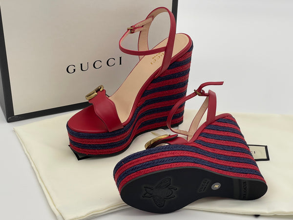 Authentic GUCCI Marmont Double G Leather Espadrille Platform Sandals