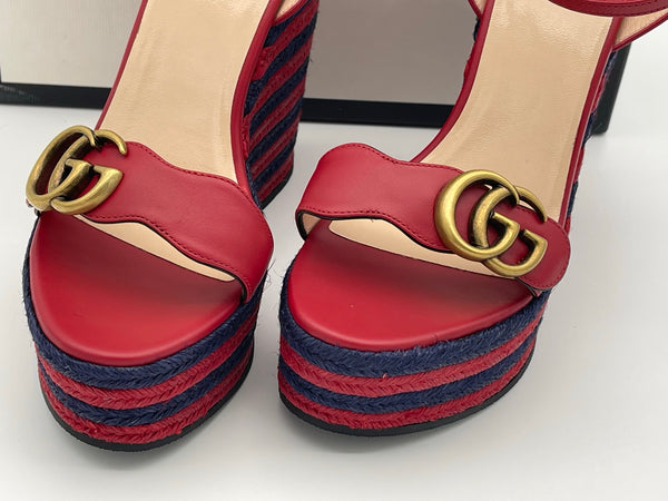 Authentic GUCCI Marmont Double G Leather Espadrille Platform Sandals