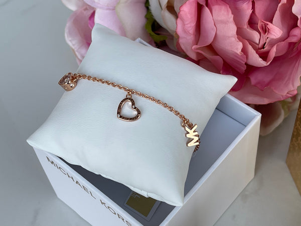 MICHAEL KORS 3 Charm MK Logo Rose Gold Slider Bracelet