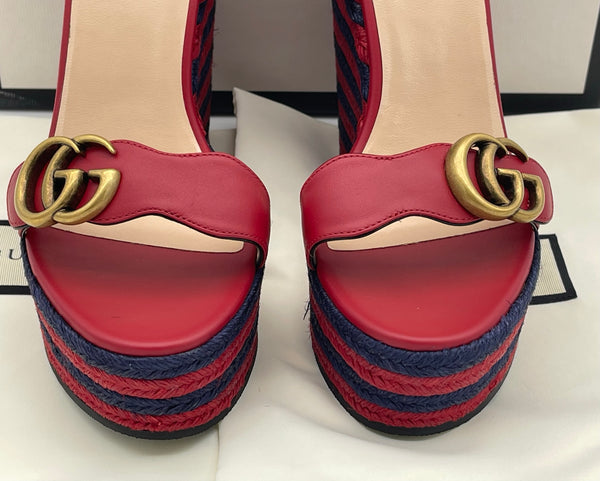Authentic GUCCI Marmont Double G Leather Espadrille Platform Sandals