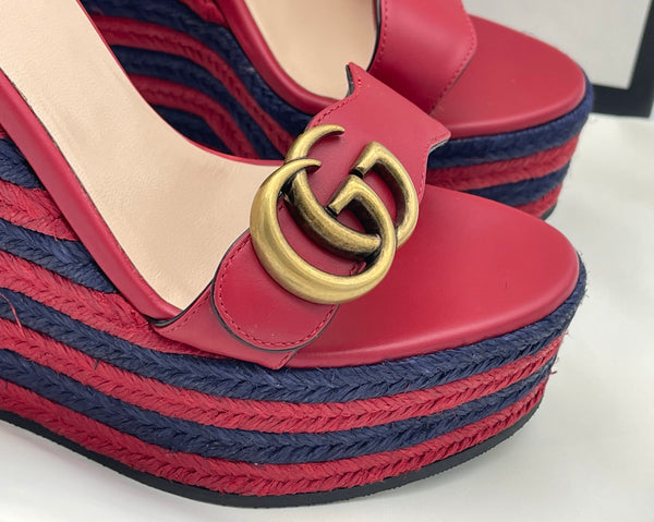 Authentic GUCCI Marmont Double G Leather Espadrille Platform Sandals