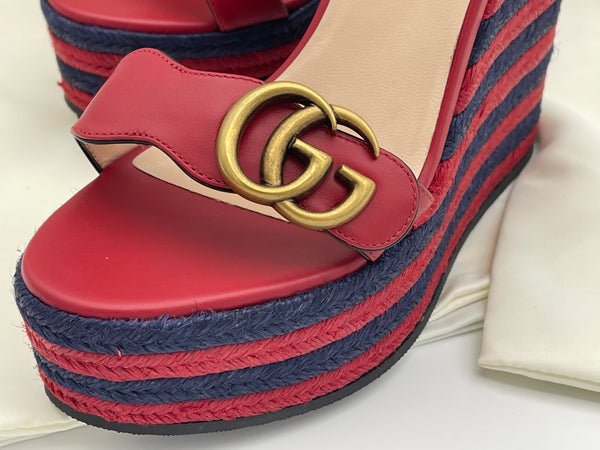 Authentic GUCCI Marmont Double G Leather Espadrille Platform Sandals
