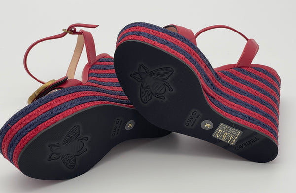 Authentic GUCCI Marmont Double G Leather Espadrille Platform Sandals