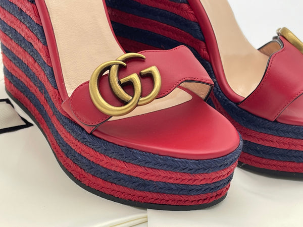 Authentic GUCCI Marmont Double G Leather Espadrille Platform Sandals