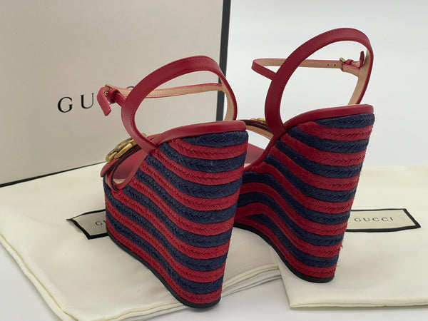 Authentic GUCCI Marmont Double G Leather Espadrille Platform Sandals