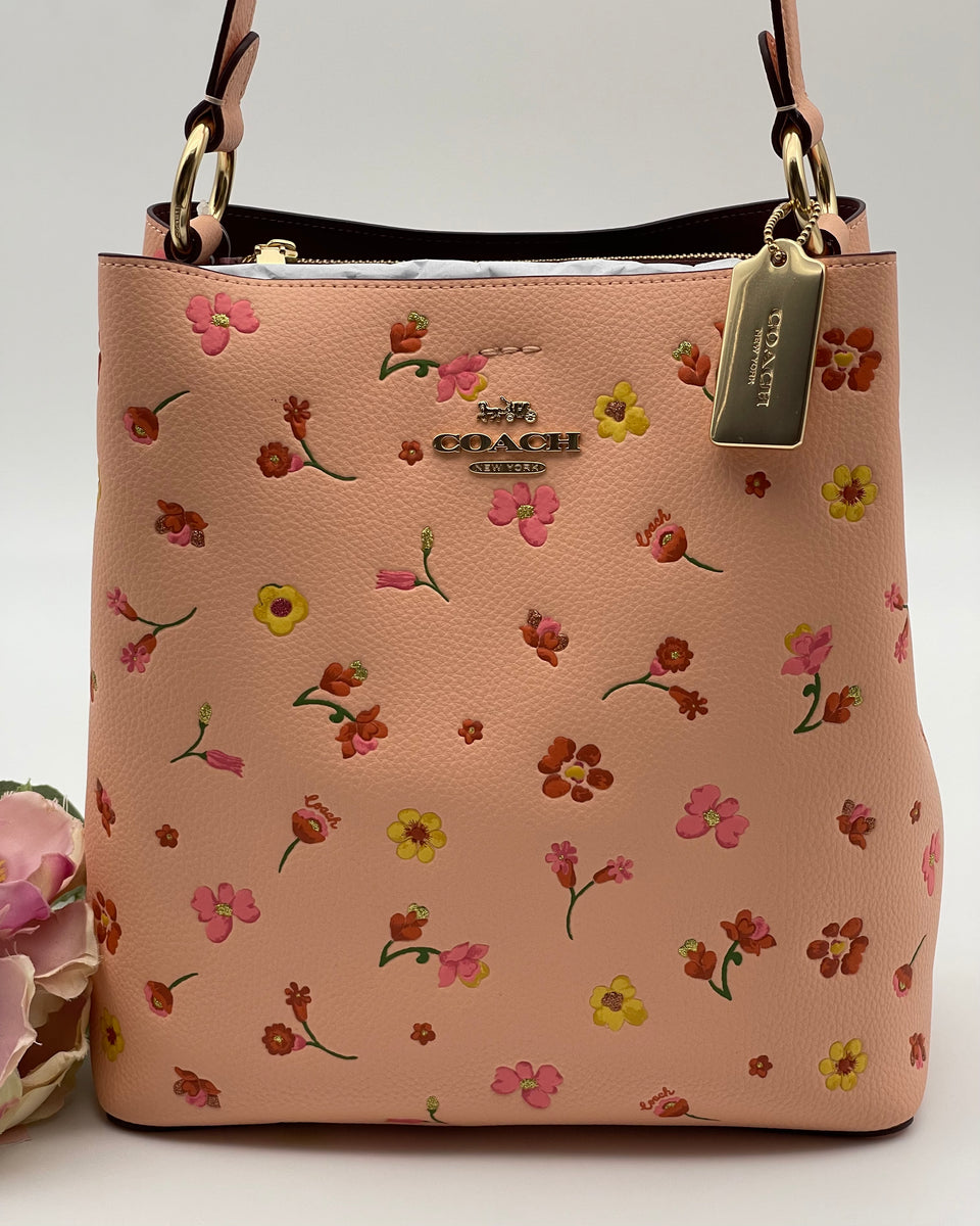 Authentic Coach Pebbled Leather Floral Print Bucket Bag