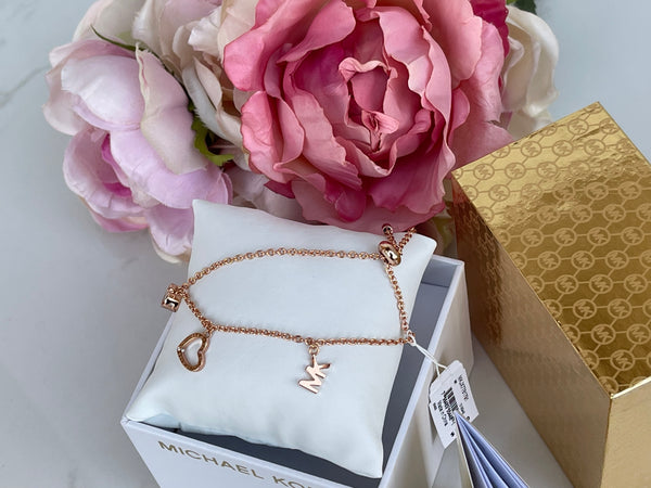 MICHAEL KORS 3 Charm MK Logo Rose Gold Slider Bracelet