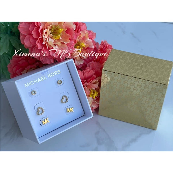 Michael Kors 3 PC Set Heart Pave Logo Crystal Stud Earrings