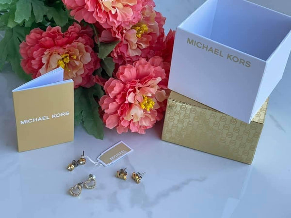Michael Kors 3 PC Set Heart Pave Logo Crystal Stud Earrings