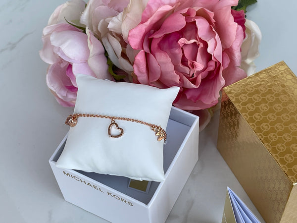 MICHAEL KORS 3 Charm MK Logo Rose Gold Slider Bracelet