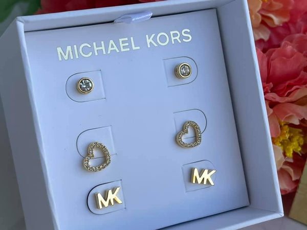 Michael Kors 3 PC Set Heart Pave Logo Crystal Stud Earrings