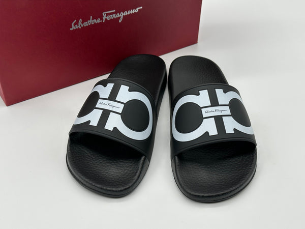 Authentic Salvatore Ferragamo Men's Black Groove Slide Slippers Sandals Shoes