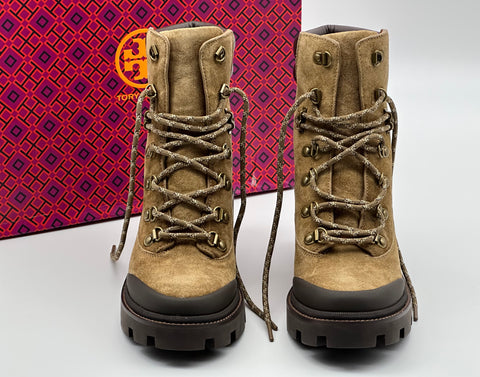 Authentic Tory Burch Women's Brown Suede Leather Hiker Ankle Boots Shoes Size US 8