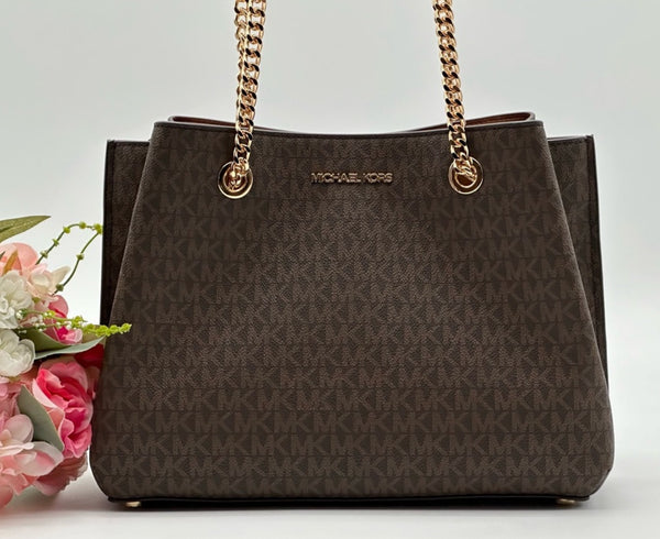 Michael Kors Brown MK Signature  Chain Shoulder Tote Bag