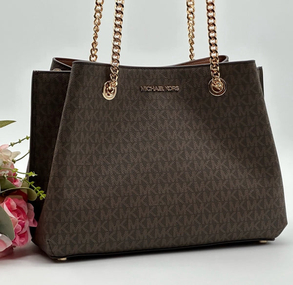 Michael Kors Brown MK Signature  Chain Shoulder Tote Bag